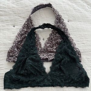 Lace Halter Bralette Set - Dark Green and brown blue floral L